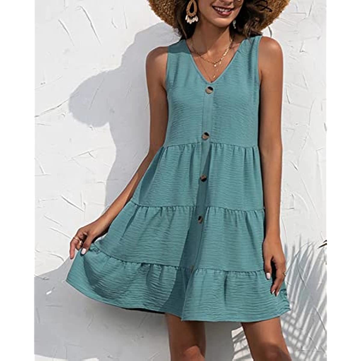 Kotiera Women's Summer Sleeveless V Neck Button Down Casual Swing Tunic Dress