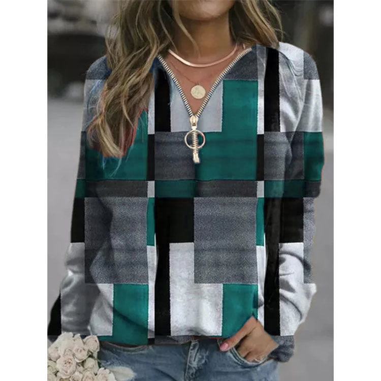 autumn and winter new women's sweater V-neck zipper plaid printed fleece jacket