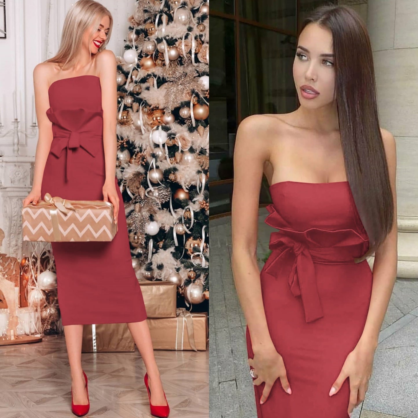 Summer new women's tube top bow waist dress