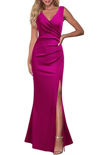 Women Sleeveless V Neck Split Evening Cocktail Long Dress