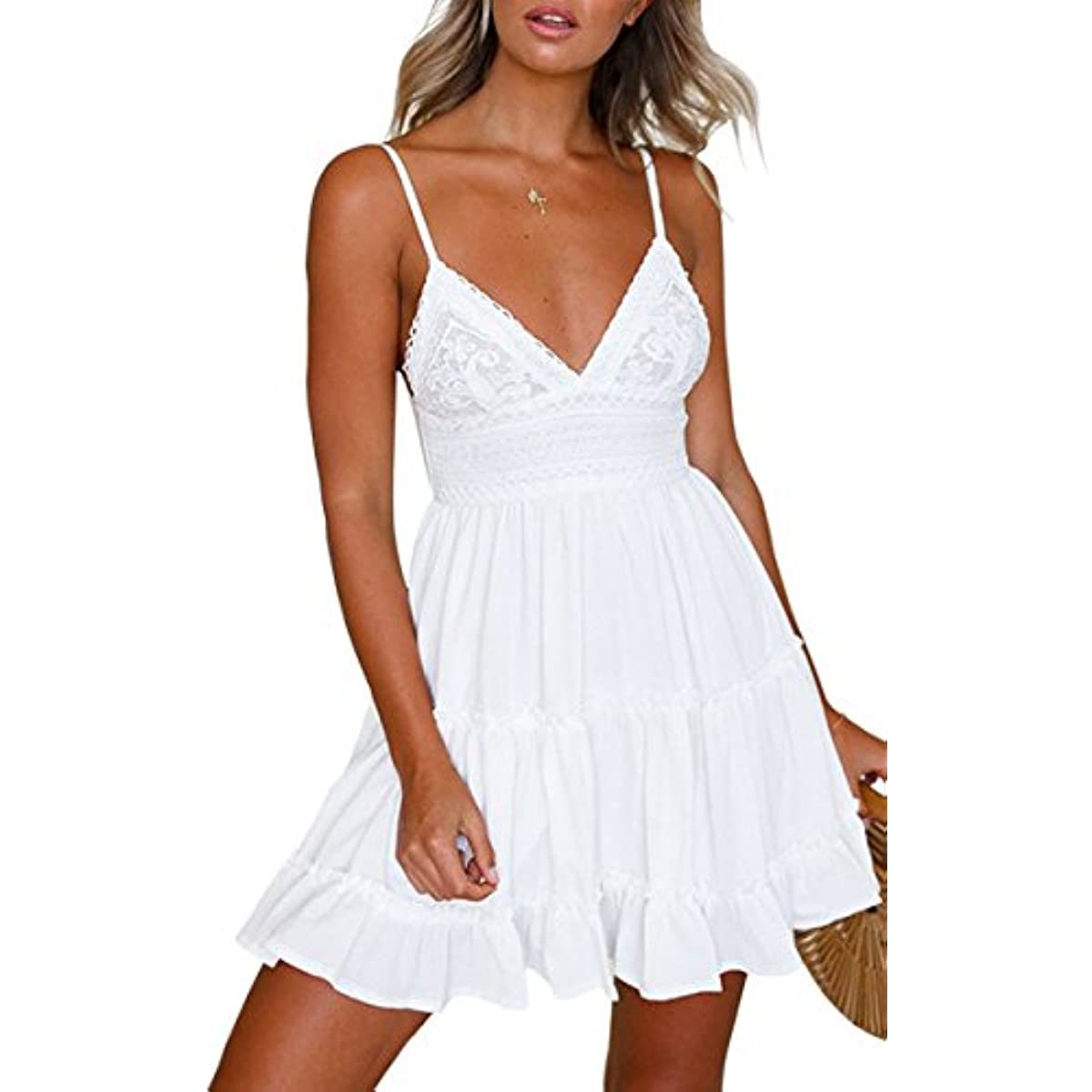 Womens V-Neck Spaghetti Strap Bowknot Backless Sleeveless Lace Mini Swing Skater Dress