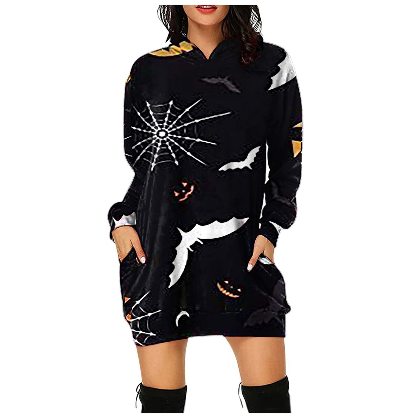 Halloween Women's New Style Dress Digital Printed Hooded Long Sleeve Dress