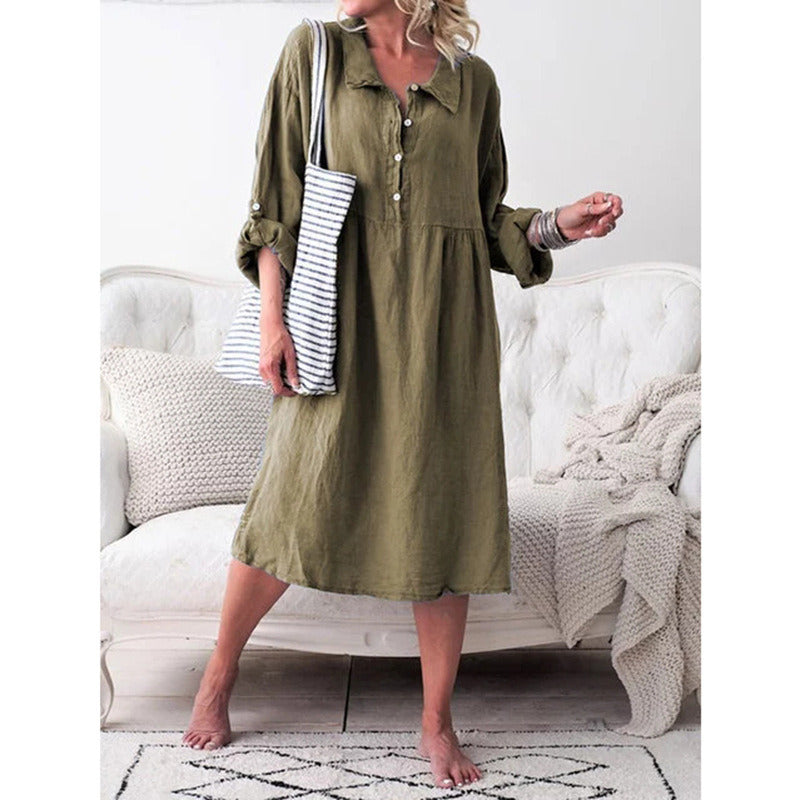 New Women's Solid Color Loose Button Mid-length Dress