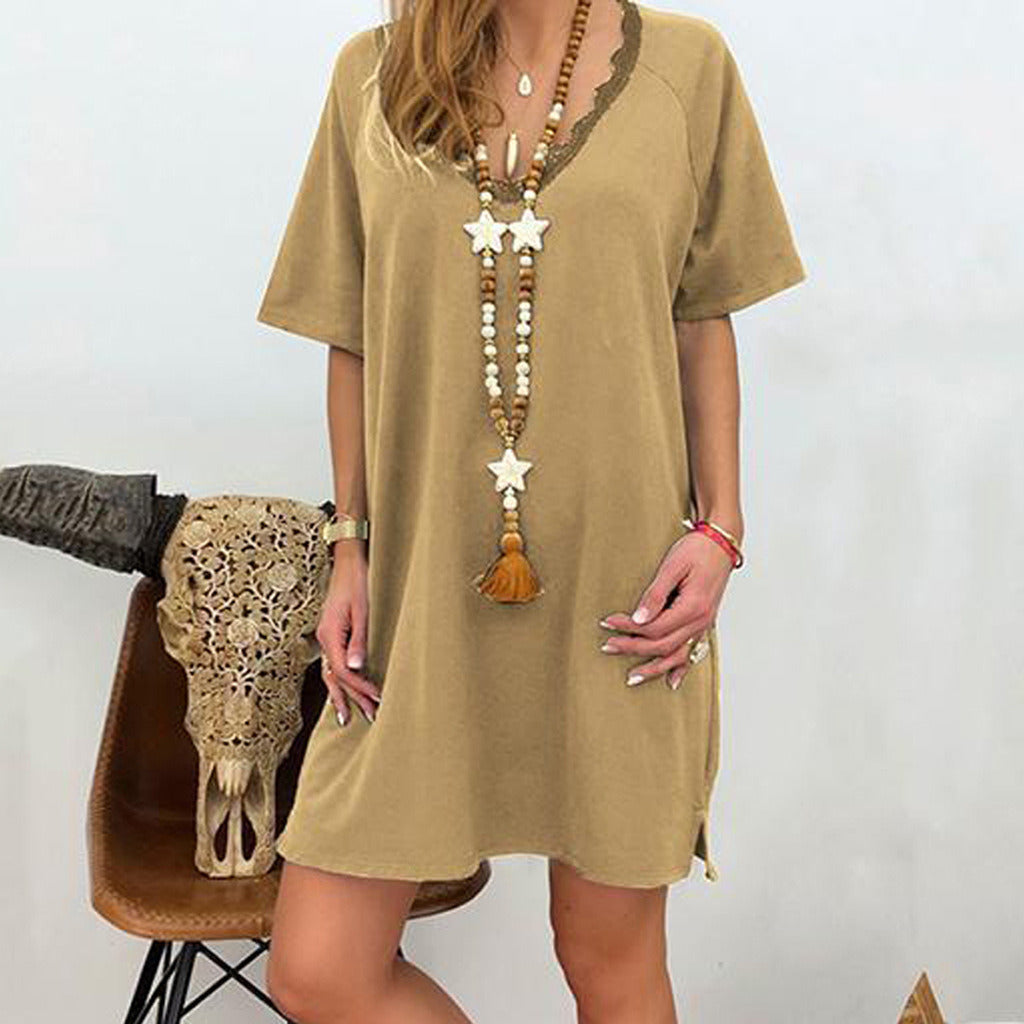 New Women's Lace Side V-neck Solid Color Casual Loose Dress