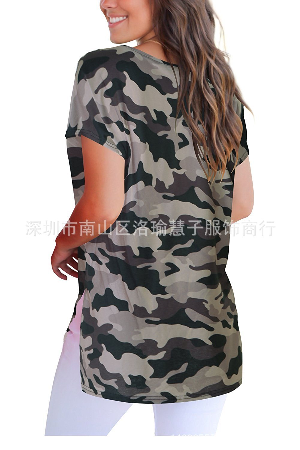 New women's V-neck print short front long split t-shirt