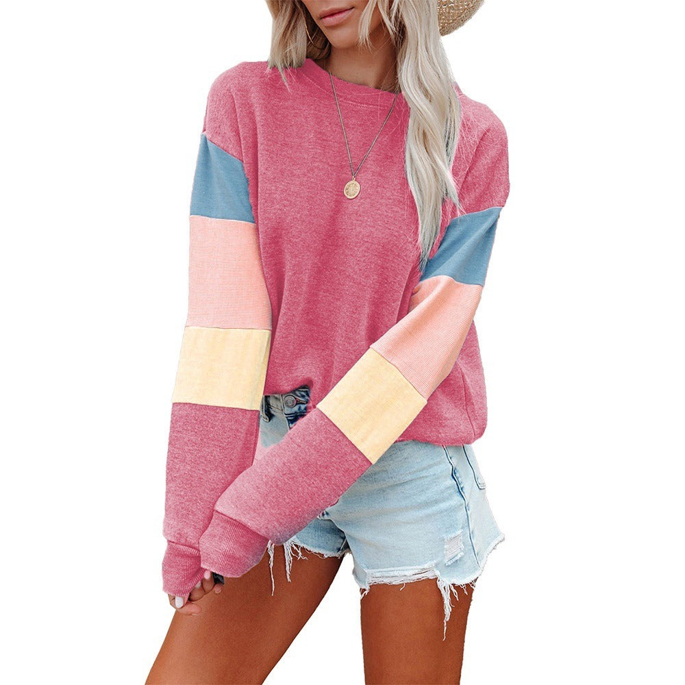 Shiying Pullover women's spring and autumn new round neck long sleeve contrast color long sleeve trendy T-shirt women