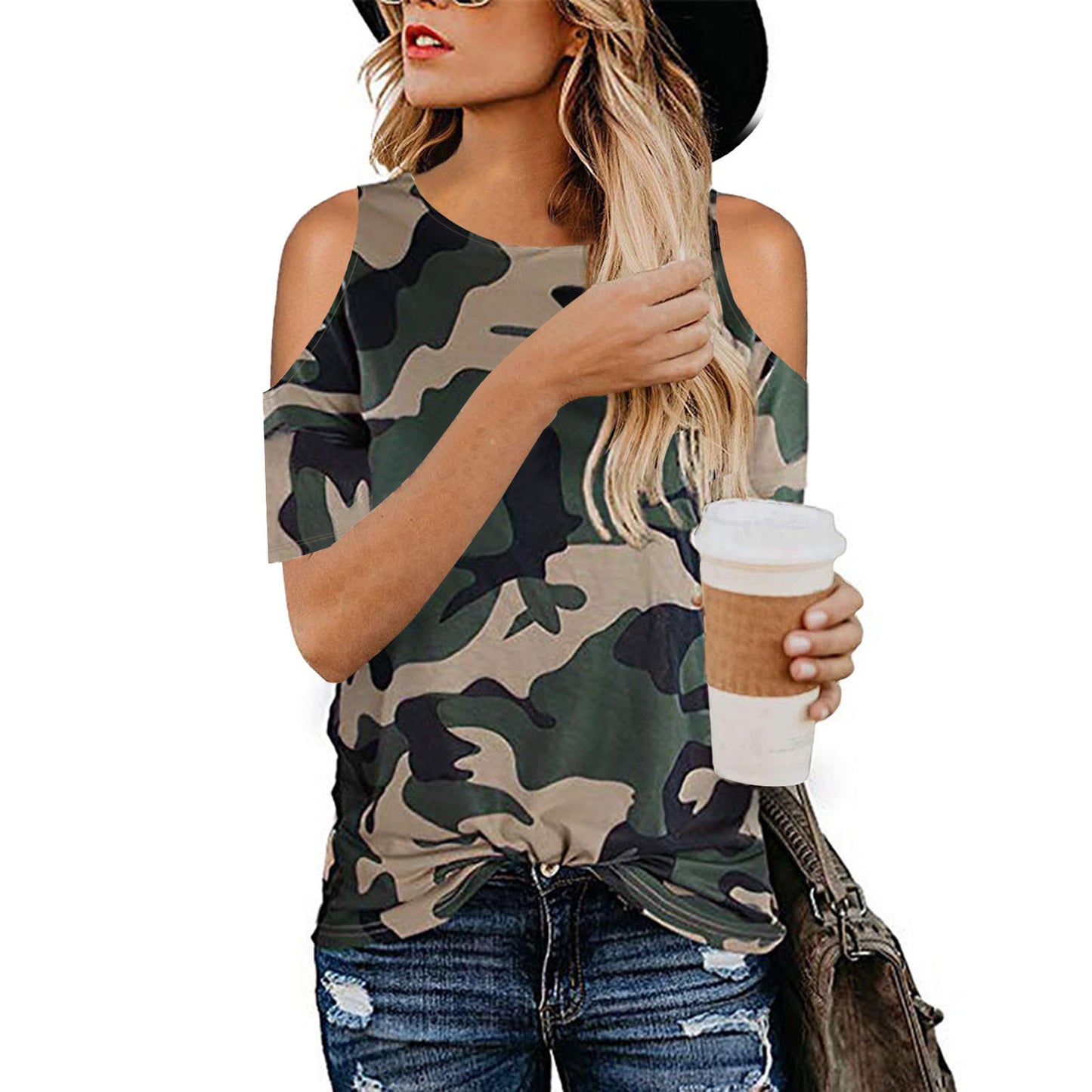 New Ladies Leopard Print Camouflage Twisted Strapless Short Sleeve T-Shirt