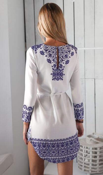 Summer New Women's Digital Printing Blue and White Porcelain Long Sleeved Dress