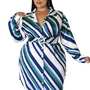 Plus Size Strip Print Lapel Collar Belted Mini Dress; Women's Plus Elegant Shirt Dress