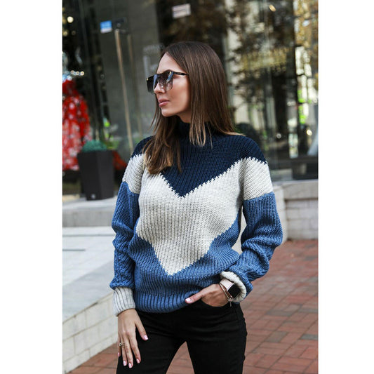 New Ladies Autumn/winter Sweater Casual Solid Color Stitching Long-sleeved Knitted Sweater