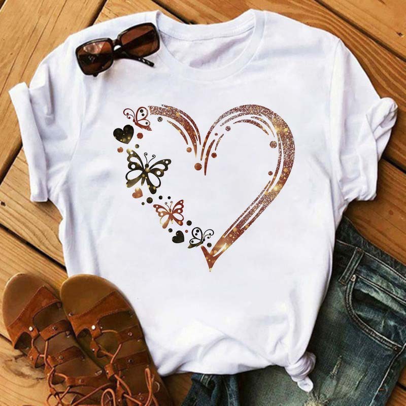 Watercolor Butterfly Heart Printed T Shirt New Women Black T Shirt Harajuku Cute Graphic Tee Shirt Ladies Casual Female Tops Tee