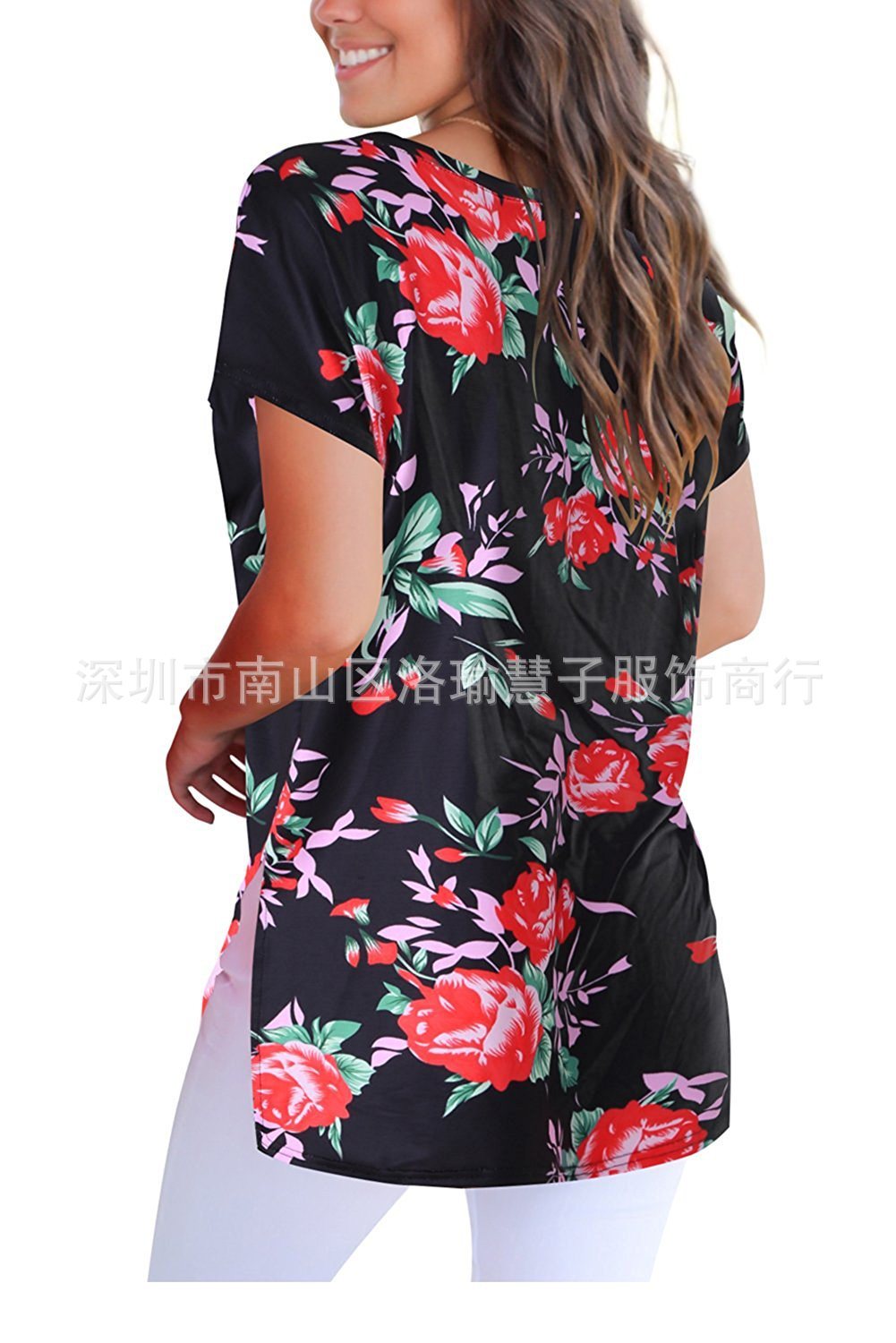 New women's V-neck print short front long split t-shirt