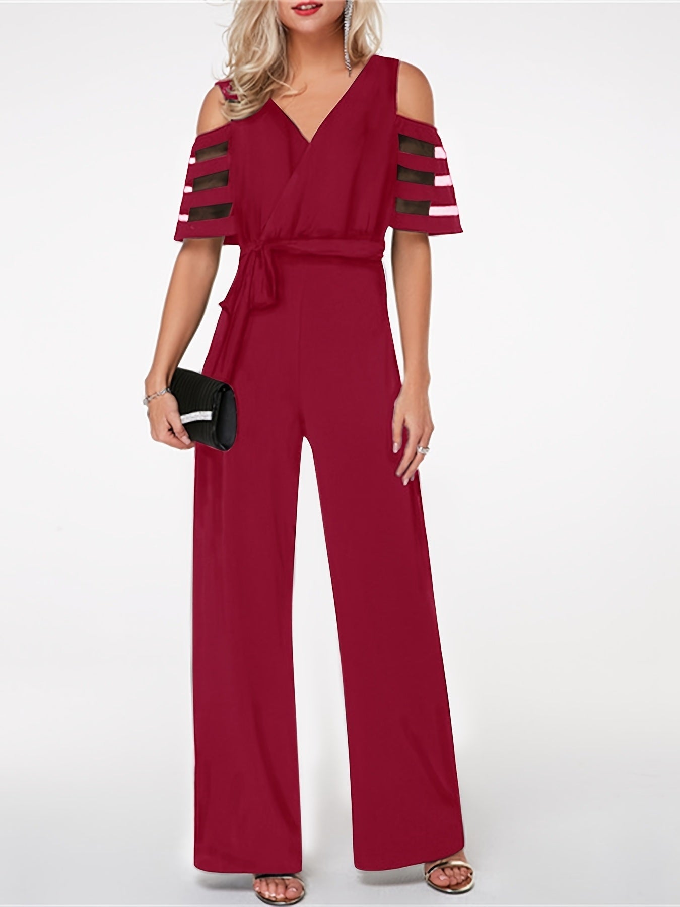 Solid V Neck Off Shoulder Short Sleeve Knitted Long Straight Jumpsuit; Elegant Loose Maxi Party Jumpsuit