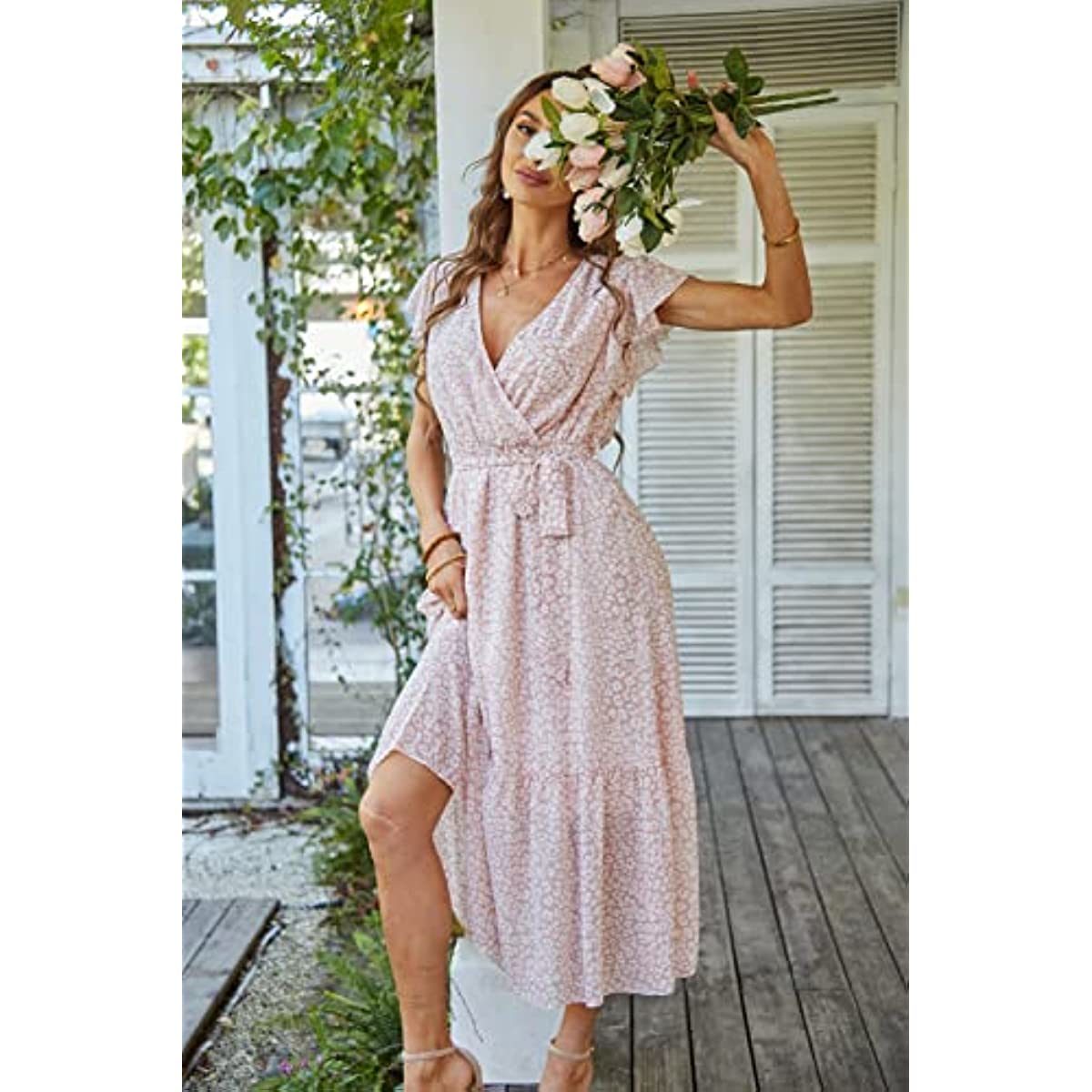 Women's 2023 Floral Summer Dress Wrap V Neck Short Sleeve Belted Ruffle Hem A-Line Bohemian Maxi Dresses