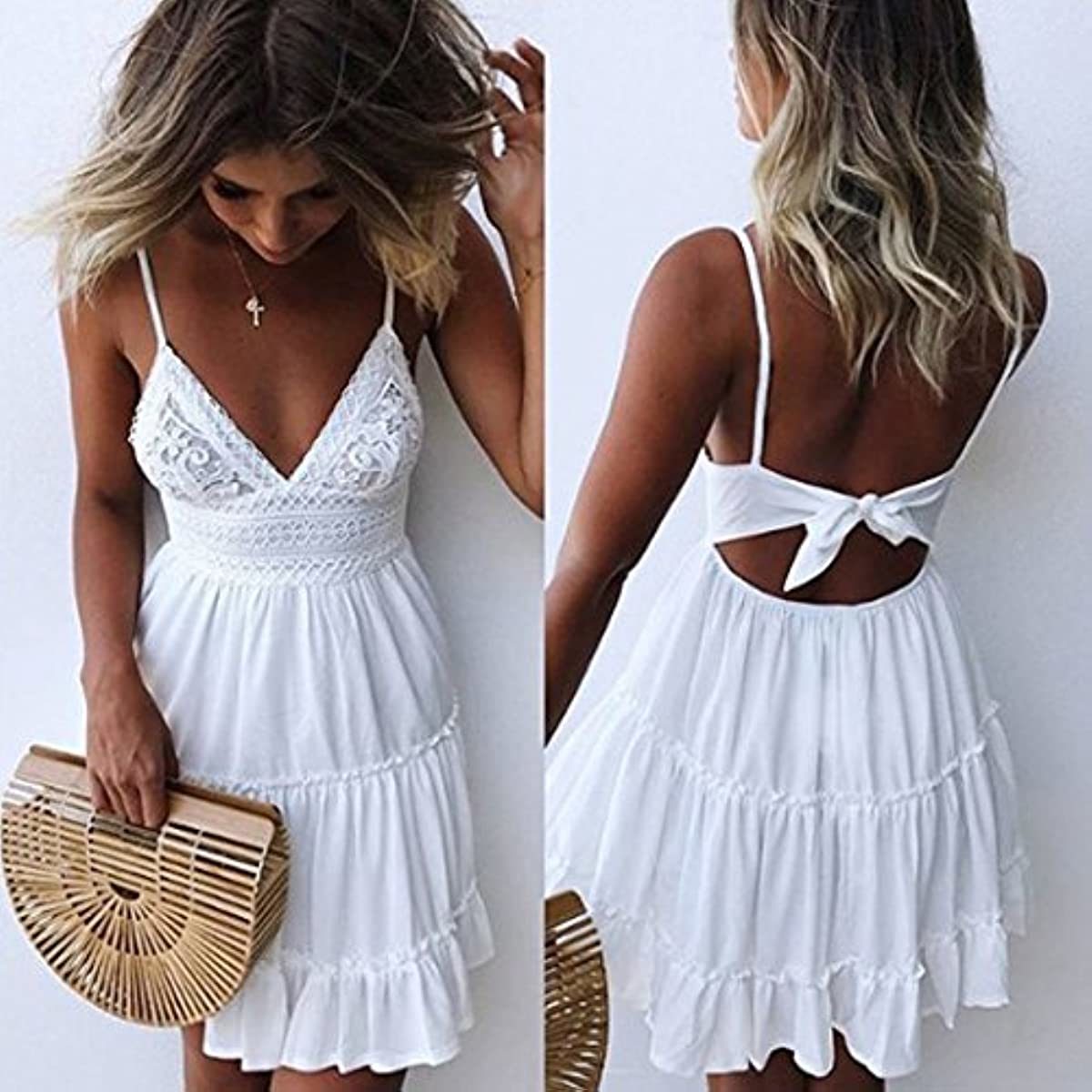 Womens V-Neck Spaghetti Strap Bowknot Backless Sleeveless Lace Mini Swing Skater Dress