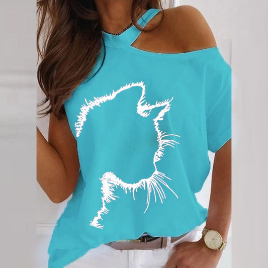 new women's summer top cat print off-shoulder loose T-shirt