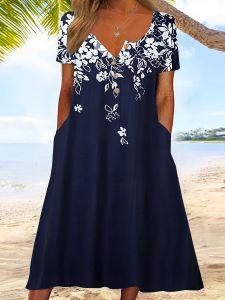 Plus Size Elegant Dress; Women's Plus Floral Print Button Up Short Sleeve Dress With Pockets