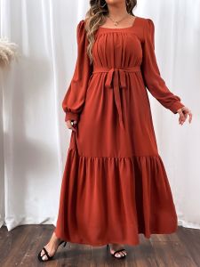 Plus Size Shirred Square Neck Lantern Sleeve Smock Maxi Dress; Women's Plus Solid Elegant Long Dress