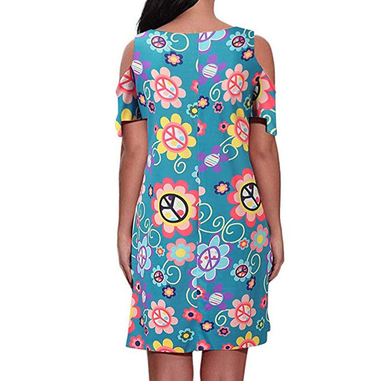 New Women's Short-sleeved Strapless Women's Big Pendulum Printed Dress