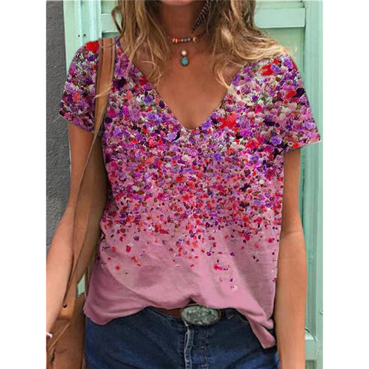 Summer new women's V-neck floral print short sleeve top T-shirt