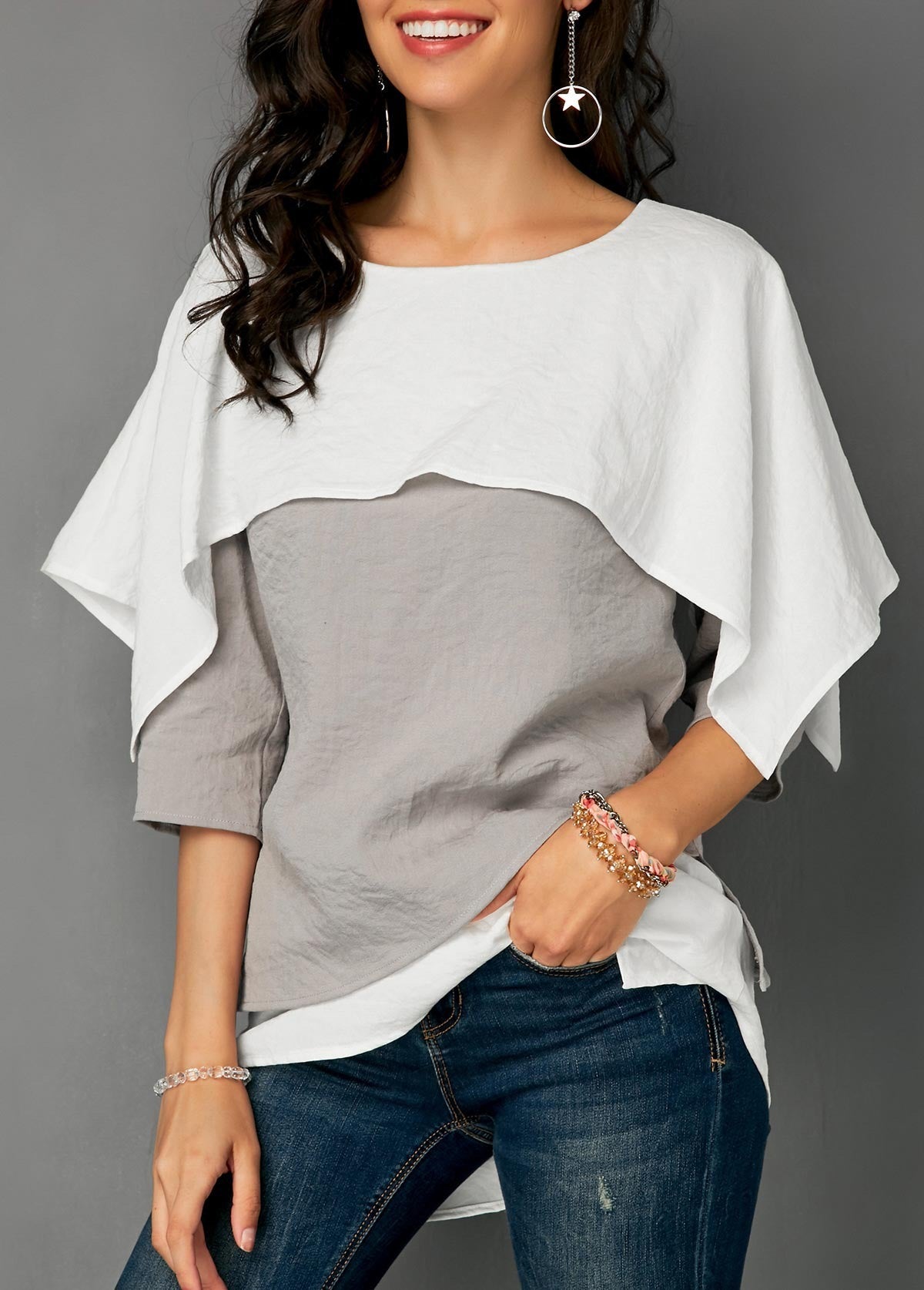 Autumn Hot Tops Sexy Round Neck Featuring Splicing Ruffled Tops