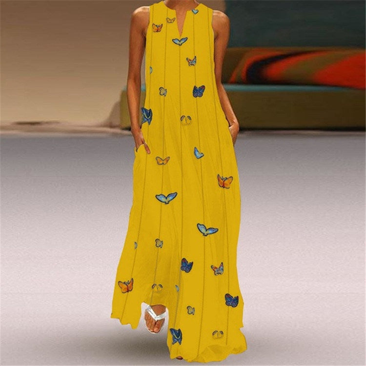 Women's Casual Bohemian Butterfly Digital Print V-neck Sleeveless Long Dress