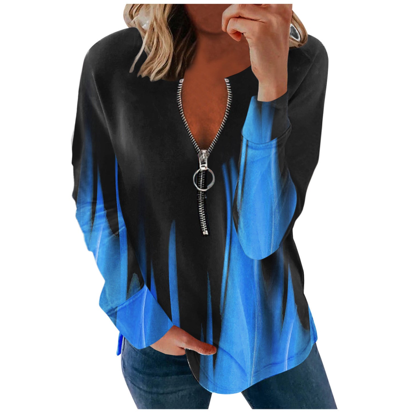 autumn and winter new style V-neck zipper feather printing long-sleeved loose T-shirt women