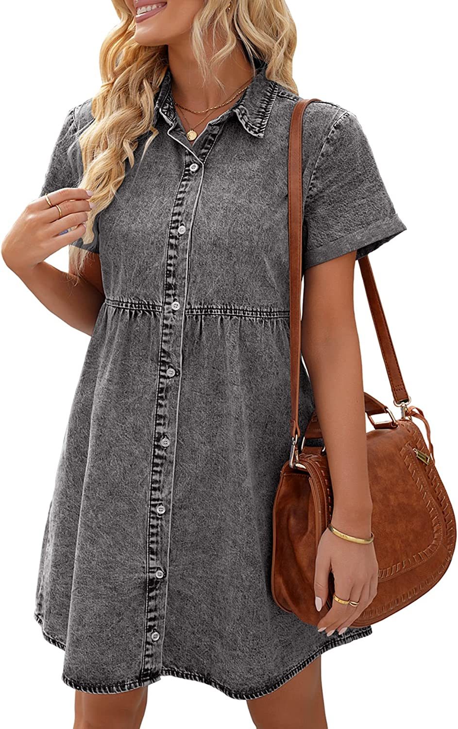 Denim Dress for Women Summer Dress Short Sleeve Button Down Tiered Babydoll Denim Jean Dress