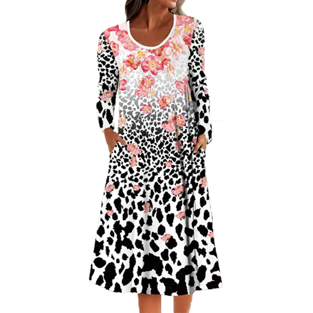 autumn and winter women's new dress butterfly positioning fish leopard print long-sleeved pocket A-line skirt