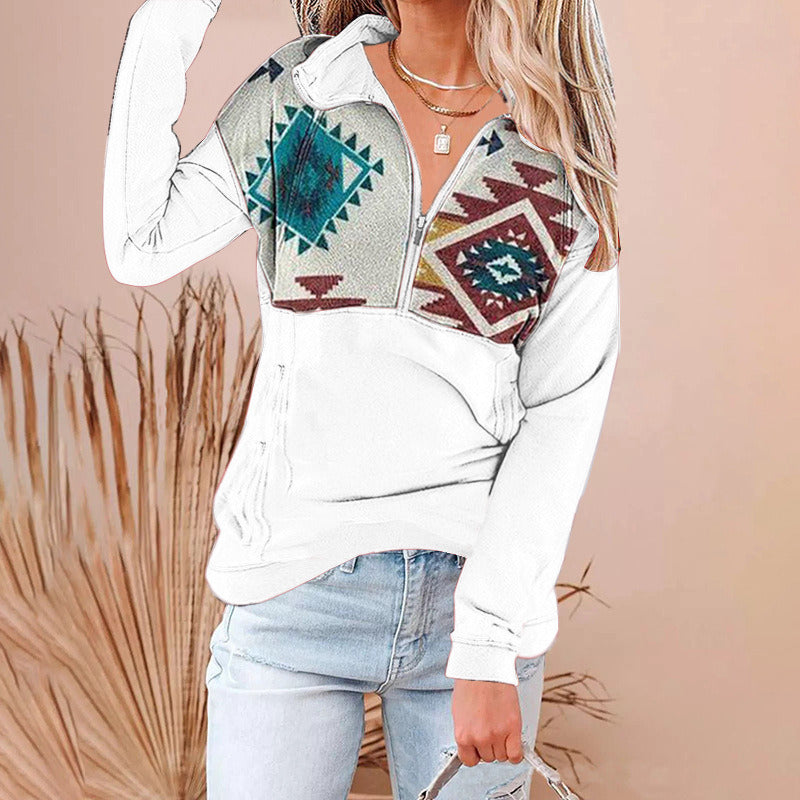 autumn and winter new women's hoodie zipper lapel printed sweater