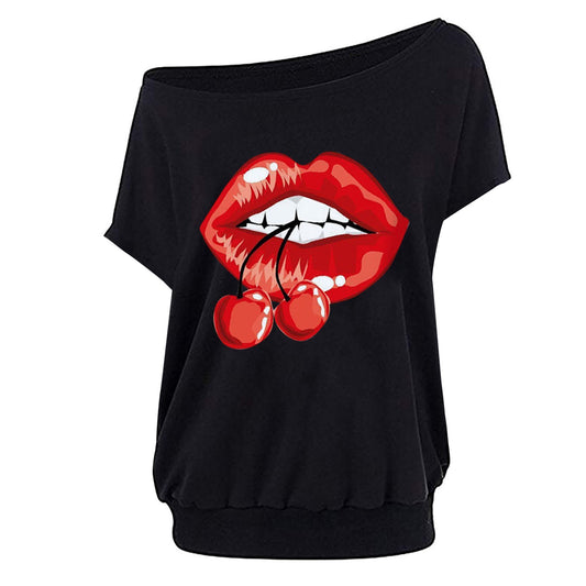 Women's new summer T-shirt lips printed slanted shoulder sexy short-sleeved tops