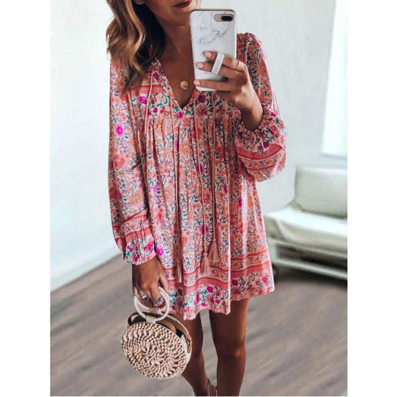 Autumn women's new fashion print V-neck long-sleeved dress