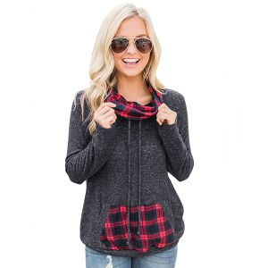 autumn and winter new European and American women's pile pile plaid stitching casual T-shirt sweater