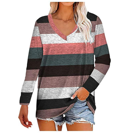 Women's long-sleeved T-shirt autumn new stitching printed V-neck women's top