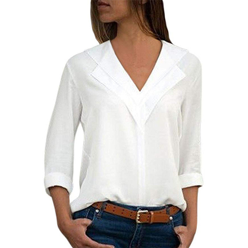 autumn fashion solid color V-neck long-sleeved chiffon shirt blouse