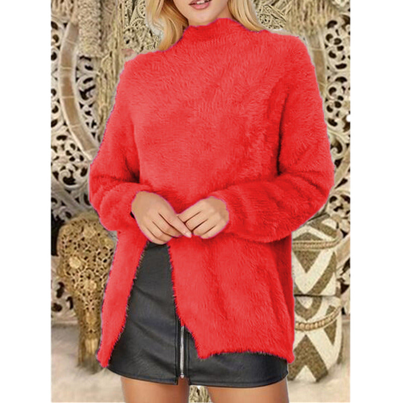 Autumn and winter new European and American women's fashion solid color long-sleeved slit sweater