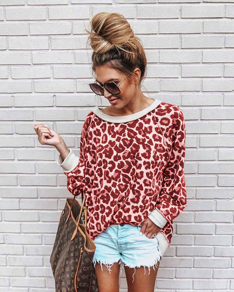 4 Colors Autumn and Winter Sexy Leopard Round Neck Long Sleeve Blouse