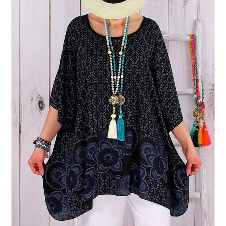 Summer and Autumn Women Fashion Print Dress Mid-sleeve Dress