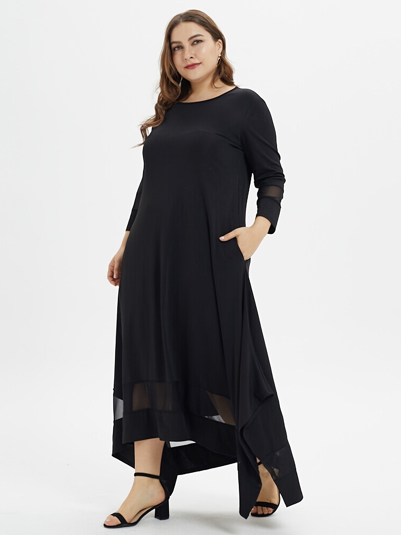 Plus Size Contrast Mesh Round Neck Long Sleeve Loose Fit Maxi Dress; Women's Plus Slight Stretch Elegant Long Dress