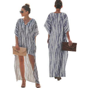 summer European and American women's V-neck bat sleeve tie-dye short short long irregular hem dress