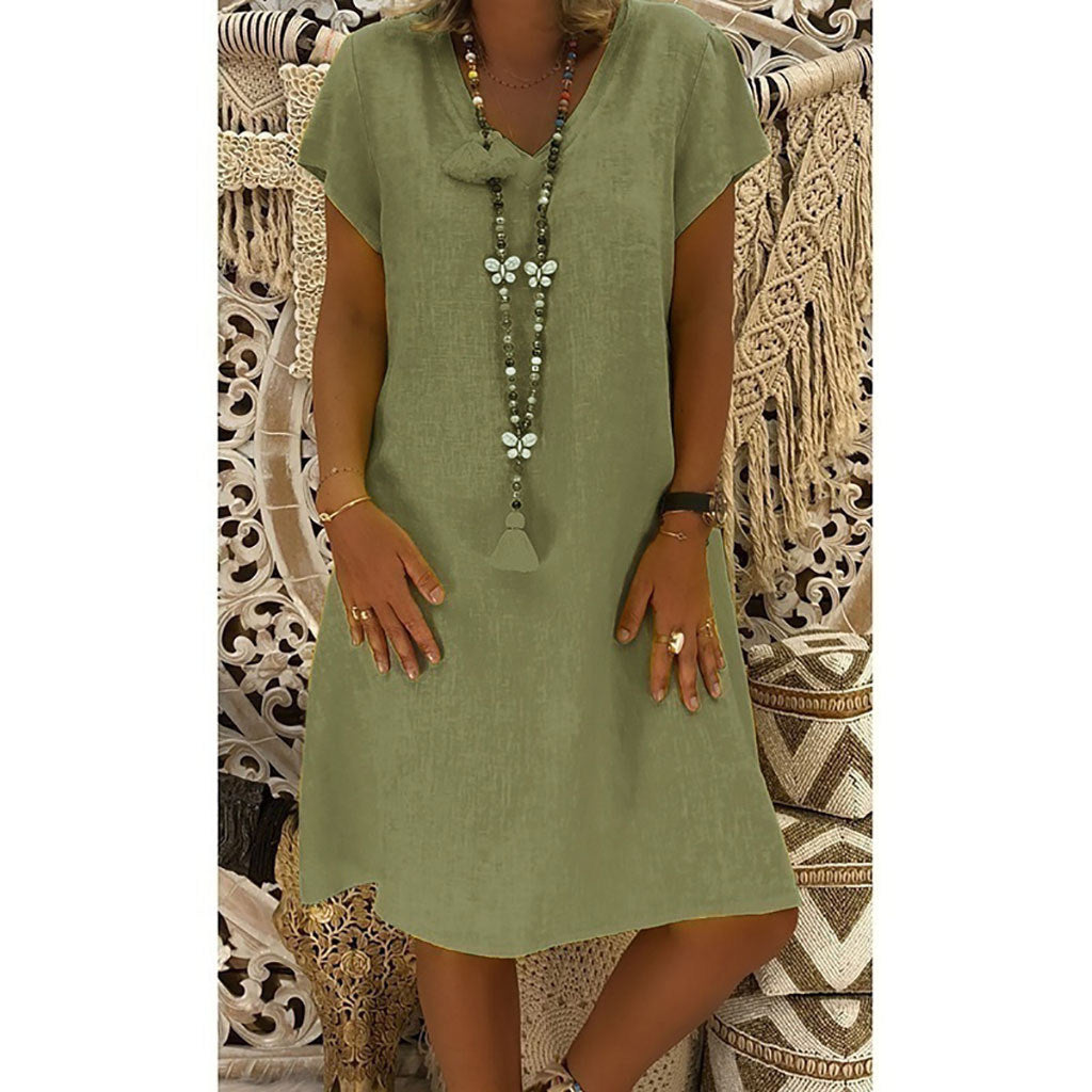 summer new women's solid color short-sleeved round neck dress