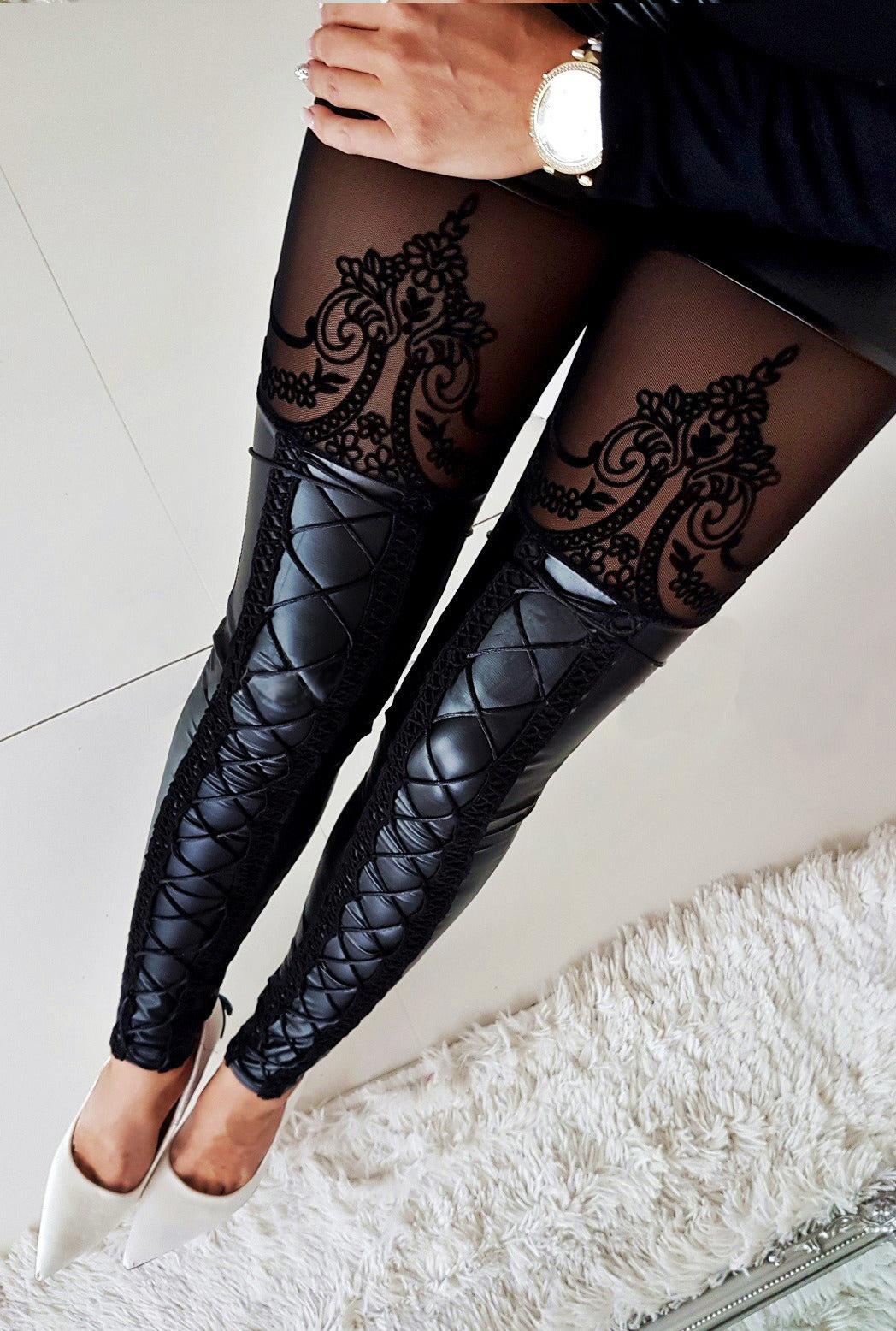 European and American Hot Explosions Casual Pants Sexy Slim Straps Featuring Lace Casual Leather Pants