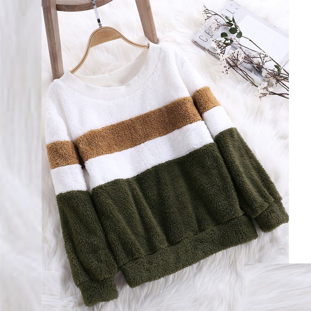 Europe and the United States new striped stitching plus velvet sweater large size loose women's sweater tops