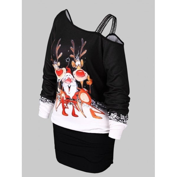 Women's Fashion Plus Size Lace Off Shoulder Christmas Santa Claus Elk Print Casual Tunic Long Tops Christmas Sweatshirts