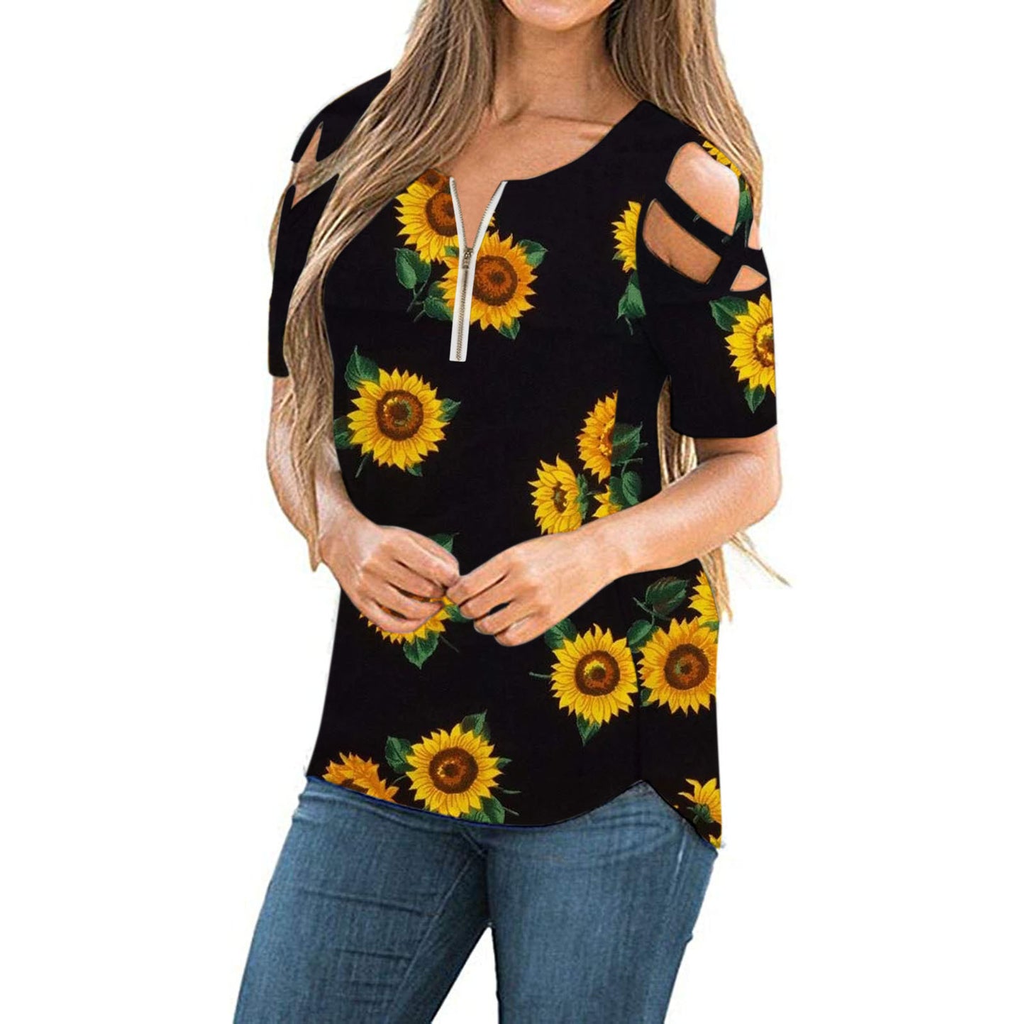 New Women's Printed Loose Cross Strapless Zipper V-neck T-shirt