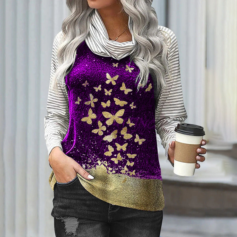 Women's Stitching Long Sleeve Stack Neck Top Striped Sleeve Printed T-Shirt