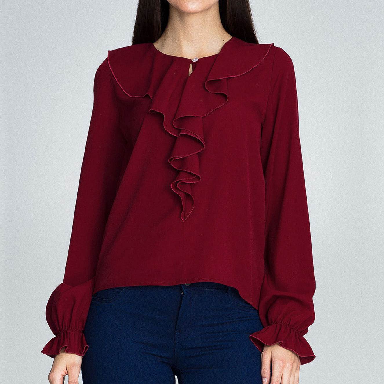 Autumn and Winter Solid Color Round Neck Ruffled Long Sleeved Chiffon Ladies Top