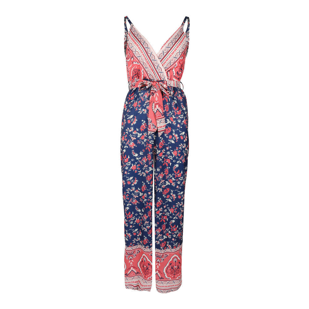 Spring and Summer Hot Jumpsuit Sexy Sling Strap Waist Print Jumpsuit