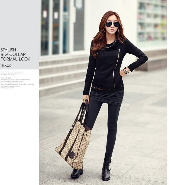 Fashion Woman Autumn Top Outwear Coat Patchwork Zipper Turn Down Lapel Collar Zipper Slim Coat