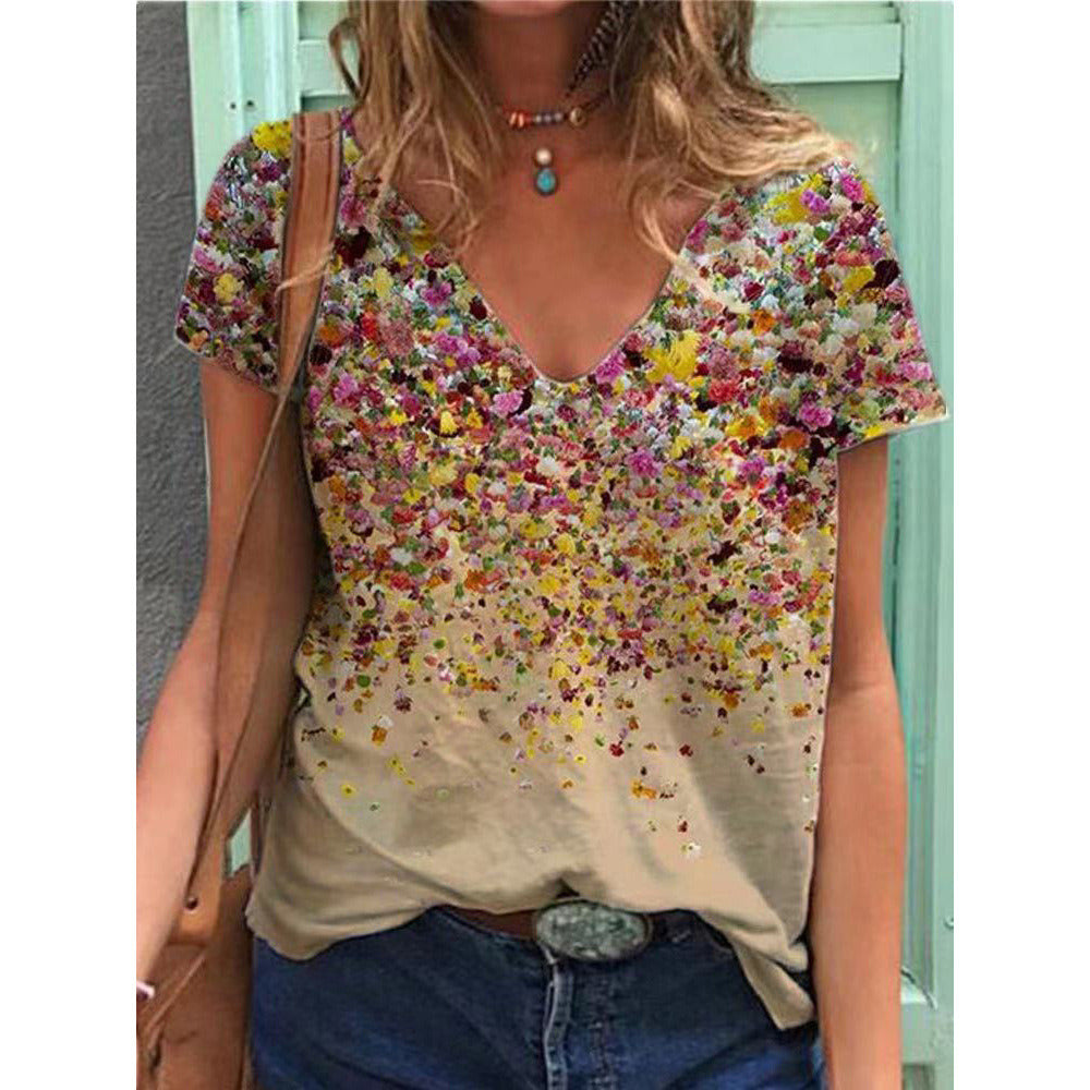 Summer new women's V-neck floral print short sleeve top T-shirt